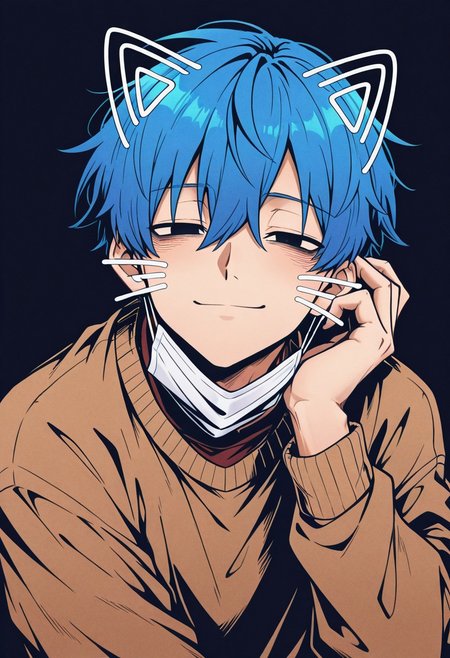 masterpiece, best quality, amazing quality, absurdres, ittorasii, w0lfc0nf, male focus, solo, high contrast,
1boy, blue hair, black eyes, drawn whiskers, brown sweater, surgical mask, mask around one ear, smile, \n/,  small smile,