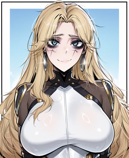 <lora:ace_glitch-000023:1> ace_glitch,
(masterpiece), (best quality), (ultra-detailed), amazing quality, very aesthetic, illustration, perfect composition, intricate details, absurdres, incredibly absurdres, shiny skin, realistic,
 ace_glitch, 1girl, breasts, solo, jewelry, hoop earrings, blonde hair, earrings, large breasts, long hair, looking at viewer, blue eyes, upper body, smile, bodysuit, closed mouth, bags under eyes, facial mark, border, sensitive