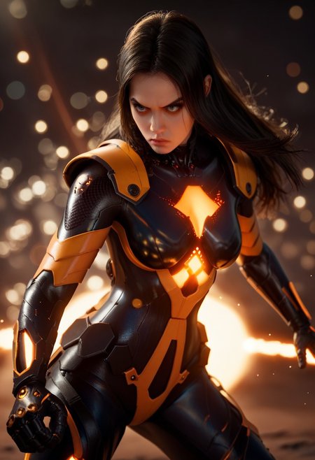 score_9, score_8_up, score_7_up, score_6_up,
stellartachy, 1girl, solo, black  hair, black eyes, long hair, (Large black round armored Shoulder pads:1.4),
(orange neon lines), ( black glowing plugsuit:1.3), cyberpunk gloves, 
cowboy shot, white background, (epic, movie scene , action scene, fight, colorful, bokeh, god light:1.4)