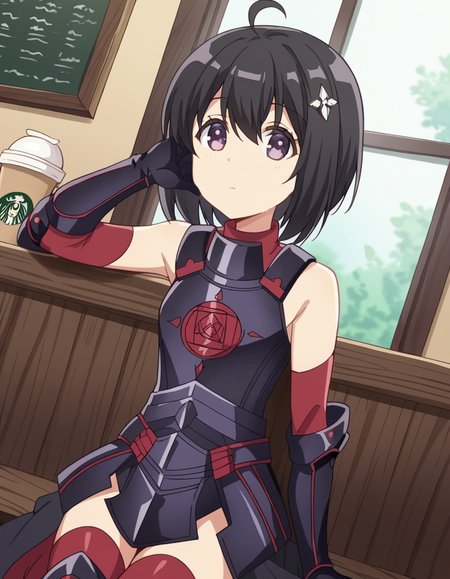 score_9, score_8_up, score_7_up, source_anime, <lora:bofuri-maple-s2-ponyxl-lora-nochekaiser:1>, maple, short hair, bangs, black hair, hair ornament, purple eyes, ahoge, bob cut,, thighhighs, gloves, bare shoulders, boots, black gloves, elbow gloves, armor, red thighhighs, black armor,, cafe, coffee cup, barista, sitting down, talking, relaxing, sunlight through window, , looking at viewer, foot pointed, hand on chin, arm behind head, solo,, cowboy shot, dutch angle