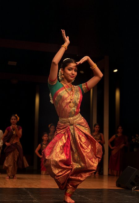 realistic, realism,photorealistic,lifestyle photography photo of A mesmerizing Bharatanatyam performance unfolds on stage, where every movement becomes a sacred verse in motion.   The dancer's intricate hand gestures weave ancient stories, while her expressive eyes and subtle facial nuances bring mythology to life.   Adorned in a resplendent silk pattu sari ablaze with jewel tones, her traditional costume shimmers under dramatic theater lighting, each fold catching light like liquid gold. The interplay of shadows and highlights sculpts her dynamic poses, transforming the stage into a canvas of living art.  , full body, soft diffused lighting, dutch angle, Sony A7III, Cinestill 800T, 50mm, soft focus, in the style of Kim Keeverhighly detailed, sharp focus,  complex detail and super detailed, fine, realistic skin texture. natural skin texture,detailed skin pore,