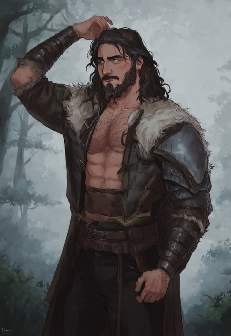 (score_9, score_8_up:1.1), score_7_up, waist-up portrait, masterpiece, semirealistic, 
...
fantasy style, Viking Style, Norse, Nordic, ... 1man, human, adult, mature, (mid-40s), druid, muscular male, male focus, solo, (IfanBM, mature male, tan skin, Miguel_Ohara, bara), ((aquiline nose, broken nose, Nose bridge, Hooked nose)), (freckled face), (tanned skin), ((long hair, dark-brown hair with grey streaks, wavy hair, back-length hair)), (((grey streaks in hair))), ((short beard, grey streaks)), (greying), (aging), (bright green eyes), (broad shoulders, wide torso), (tall, toned), (daddy vibes, bara), (hairy chest, hairy forearms), (Viking Style, fantasy style, Dark Navy Blue Viking Robe, Bronze Trim, Sleeves Rolled-Up to Elbows, Black Pants), Belt, Pants, ... (Magical Forest Background, detailed background, artistic and intricate background), (3-frame sketch), raw lighting, overexposed, harsh flash, volumetric lighting, cinematic lighting, aesthetic design, dramatic angle, dramatic framing, cinematic framing, posing at an angle, dynamic pose
...
(Magical Forest Background, detailed background, artistic and intricate background)
...
<lora:add-detail-xl:1.5>, 