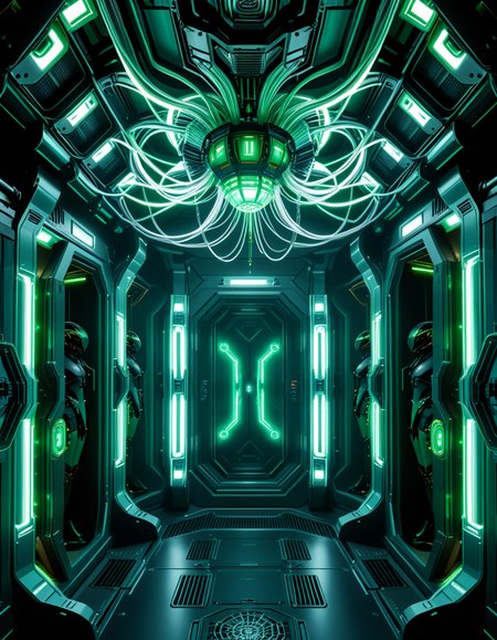 A dark, oppressive regeneration chamber deep within a Borg vessel â a biomechanical environment where drones return to recharge and interface with the collective. The chamber is dimly lit with pulsating green and white lights that flicker through dense shadows. The walls are lined with vertical alcoves, each containing a Borg drone standing motionless, plugged into the system via biomechanical tendrils, tubes, and neural interfaces embedded into their bodies.
The surfaces of the room are a fusion of metallic plating, organic texture, and cybernetic growths â as if the ship itself is alive, constantly shifting and adapting. Steam hisses softly from vents near the floor, and faint mechanical whirring echoes through the chamber. Fiber optic cables pulse with data transmissions, running across the ceiling like glowing veins. 
Above, a central neural conduit hangs like a mechanical spine from the ceiling, branching out and connecting to each alcove, feeding the collective hive mind with real-time information. The atmosphere is cold, sterile, and unnervingly silent â a place devoid of individuality, where only the will of the collective exists. There is no comfort here, only efficiency, order, and total control. 
<lora:SDXLFaeTastic2400:0.4> <lora:extremely_detailed:0.4> extremely detailed,<lora:borg_recharge_ch4mb3r:1>,borg recharge ch4mb3r, Masterpiece,best quality,hi res,8k,hi res,8k,award winning,(sharp focus, intricate, highly detailed),