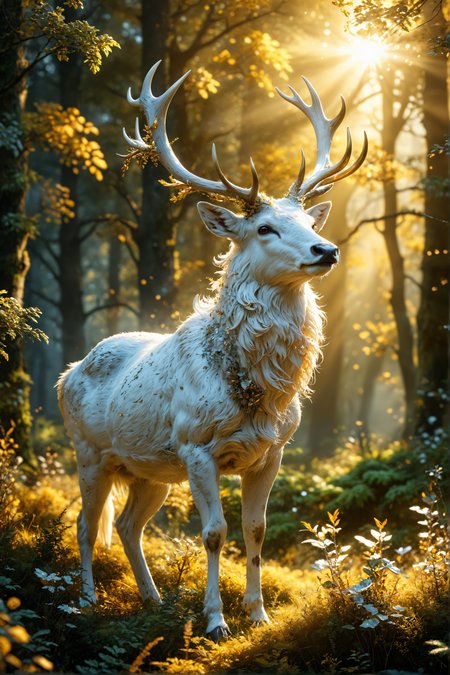 hyper realistic, a majestic white stag with golden antlers standing in a sunlit clearing, surrounded by ethereal forest spirits, glowing flora, magical atmosphere   <lora:ral-sld:1> ral-sld <lora:add-detail-xl:1> <lora:MJ52:0.35>, <lora:SDXLFaeTastic2400:0.325>, (settings by AIDigitalmediaaggency:0.0001), OverallDetailXL