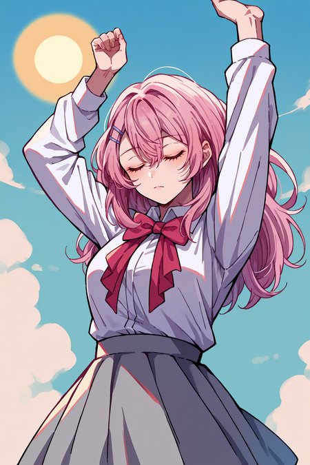 score_9, score_8_up, score_7_up, score_6_up, source_anime, 1girl, solo,  <lora:kotobukiminami-pdxl-nvwls-v1-000006:1> mkoto, pink hair, long hair, hairclip, white shirt, collared shirt, long sleeves, red bowtie, red ribbon, grey skirt, stretching, closed eyes, blue sky, sun