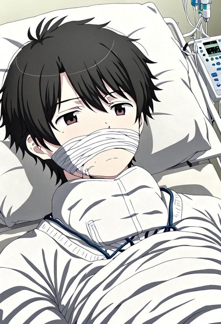 high resolution, solo, best quality, 1Boy, Inaho Kaizuka, Black Hair, sick, bandage, helpless, patient, hospital, infusion, OverallDetail