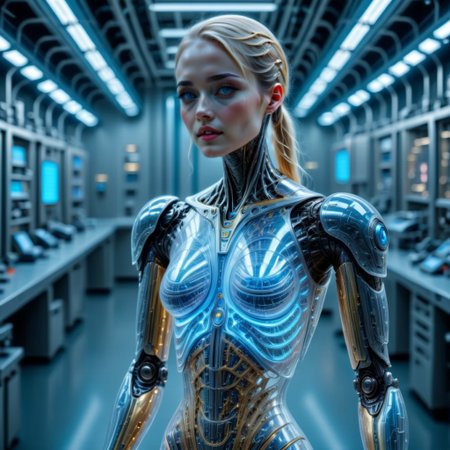 BODY SHOT, extremely detailed, 8k, (BEAUTIFUL BLONDE FEMALE ANDROID:1.3),  BLUE EYES, IN A HIGH TECH FUTURISTIC LABORATORY, LEDS, BIOMECHANICAL BODY PARTS, (TRANSPARENT ULTRA DETAILED BODY shell:1.5) SHOWING blue and gold CIRCUITRY shining bright INSIDE THE BODY, Detailed hand, (DYNAMIC POSES :1.5), perfecteyes
