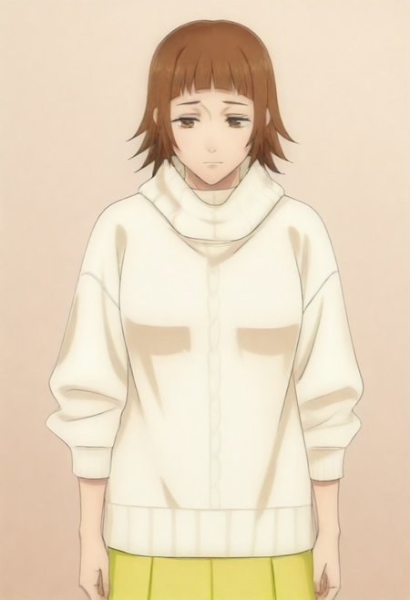 masterpiece, best quality, amazing quality,,, shiny skin,,,,,,,,yuozawa, brown_eyes, brown_hair, short_hair, blunt_bangs,, turtleneck, white_sweater, long_skirt, yellow_skirt,