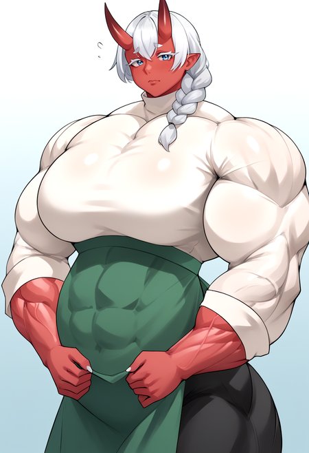 Score_9, score_8_up, score_7_up, score_6_up,,  upper body,  looking at viewer, solo,  1girl, cowboy shot, source_anime, BREAK, mature female, mature face, chubby, muscular female, huge muscle, big breasts, BREAK, Oni, colored red skin, horns, silver hair, single braid, BREAK,  white turtleneck sweater, long sleeves, green apron, black pants, big belly,   <lora:MusctonkXL:1>, BREAK, , colored silver eyelashes,  white eyelashes, muscle veins, embarrassed,  abs, pregnant, <lora:Concept_Pregnant_belly_with_abs:0.8>