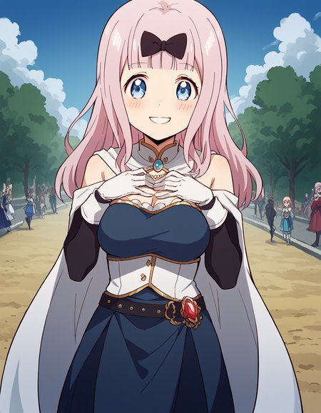 score_9, score_8_up, score_7_up, source_anime, chikafujiwara, <lora:chika-fujiwara-s3-ponyxl-lora-nochekaiser:1>, chika fujiwara, long hair, bangs, blue eyes, bow, pink hair, hair bow, blunt bangs, black bow, large breasts,, <lora:miki-sayaka-cosplay-ponyxl-lora-nochekaiser:1>, miki sayaka cosplay, miki sayaka (cosplay), belt, black sleeves, blue skirt, cape, cosplay, dress, gloves, gem, skirt, sleeveless, sleeveless dress, white cape, white gloves,, streets, outdoors, smile, blush, hands on own chest, cowboy shot, looking at viewer,