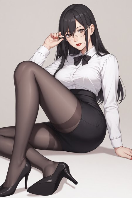 score_9, score_8_up, score_7_up, BREAK source_anime, <lora:Mayuri Hanyuu-PonyXL-lora-Faxtron:0.8> mayuri hanyuu, brown eyes, black hair, long hair, medium breasts, red lips, glasses, white shirt, pencil skirt, black pantyhose, high heels,