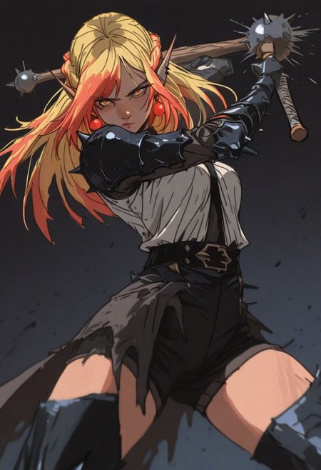 masterpiece, amazing quality, absurdres, 4ur4_illu, fl4tgr1t, sketch, dark_fantasy_style, dark fantasy, retro,
(Girl:0.0), 1girl, (solo), yellow hair, half up braid, straight hair, multicolored hair, swept bangs, 
orange eyes, ultra-detailed anime eyes, round eyes, pointed ears, earrings, ear piercing, breasts, 
dark spiked armored outfit, white shirt, black shorts, black belt, thigh-high boots, 
(Pose:0.0), ((looking at viewer)), standing, (swinging mace), motion blur, 
(Emotion:0.0), determined, serious, 
(Scene:0.0), cowboy shot, dutch angle, from front, dynamic pose, simple background, depth of field, foreshortening,