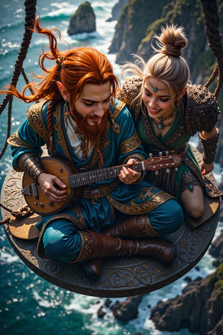 A hyper-realistic portrait, photorealistic photo close-up image of A close-up portrait of a young, male half-elf bard with long, flowing auburn hair and a meticulously braided beard, dressed in a vibrant blue and gold tunic with intricate embroidery, sitting cross-legged on a floating disc of arcane energy. He strums a lute with silver strings, his eyes twinkling with mischief. Beside him, an elderly, female dwarf warrior with short, graying hair pulled back into a tight bun, wearing a worn leather breastplate over a deep green tunic, laughs heartily. The disc hovers high above a vast ocean, waves crashing far below. The scene is lively and dynamic, capturing their joyous bond amidst a daring adventure, with sunlight glinting off their clothing and faces. (fantasy, high detail, dynamic lighting, aerial view, joyful expression) (photography, high-resolution, dynamic, energetic,hyper-realistic, dramatic lighting, shallow depth of field.), detailmaximizer, MythP0rt<lora:midjourney_whisper_flux_lora_v01:0.55><lora:aidmaMJ6.1-FLUX-V0.1:0.4><lora:FluxMythP0rtr4itStyle:0.4><lora:detailed_flux_ntc:2.2><lora:aidmaImageUpgrader-FLUX-V0.1:0.65>