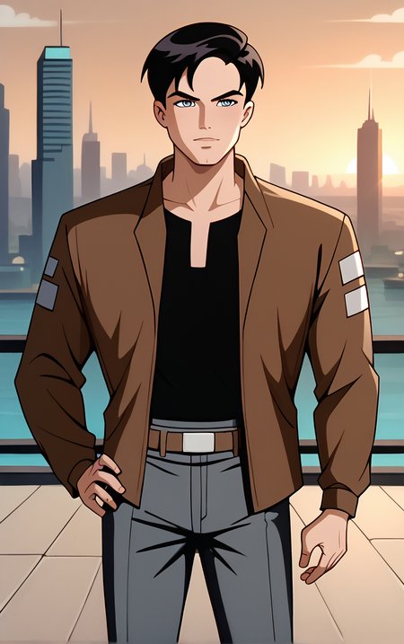 score_9, score_8_up, score_7_up, BREAK
BrownJacket_TerryMcGinnis_ownwaifu, 
1boy, black hair, grey eyes, short hair, bangs, 
bomber jacket, brown jacket, popped collar, black shirt, open jacket, long sleeves, belt, pants, grey pants, brown coat, collared shirt,
(contrapposto, hand on hip), sunset, sidelighting, cityscape, vanishing point, outdoors,  depth of field, solo,  
<lora:PONYXL_DC_BatManBeyond_TerryMcGinnis_ownwaifu_r1:0.8> , depth of field, 
,