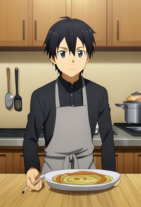 high resolution, professional photography, solo, best quality, 1Boy, Kazuto Kirigaya, Black Hair, Black Eyes, cooking, kitchen, OverallDetail
