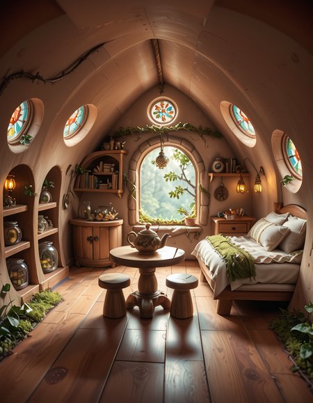 score_9, score_8_up, score_7_up,amazing quality, ultra realistic, 3D, HD, best quality, amazing quality, very aesthetic, absurdres
A highly detailed, realistic photograph of a tiny gnome house nestled at the base of an ancient oak tree, taken in soft morning light with a gentle mist hanging in the air. The house is crafted from natural materials: smooth stones form the lower walls, and curved wooden planks create a round, thatched roof with patches of moss and small wildflowers growing on top. Tiny circular windows with stained glass panels glow faintly from within, casting warm amber and green hues. A miniature wooden door with intricate carvings sits slightly ajar, surrounded by tiny lanterns that hang from delicate hooks, each softly glowing. Around the house, the forest floor is covered in dew-kissed clover, mushrooms of varying sizes and colors, and winding little cobblestone paths. In the background, tall ferns and oversized leaves tower, giving the scene an enchanted, hidden feel. Subtle rays of sunlight break through the canopy above, highlighting fine details with a dreamy, ethereal atmosphere. Hyper-realistic style, high-resolution, rich earthy tones, with an overall cozy and magical woodland vibe. No creatures or people, only nature and the charming architecture of the gnome's home.
<lora:SDXLFaeTastic2400:0.4> <lora:extremely_detailed:0.4> extremely detailed,tiny gnome h0us3 <lora:tiny_gnome_h0us3-p:1>