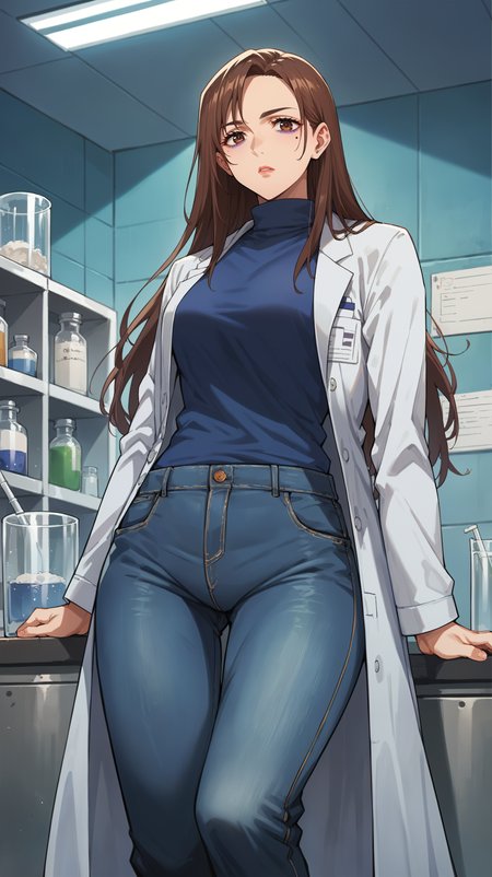 score_9,score_8_up,score_7_up,score_6_up, source_anime, zPDXL3, <lora:xl_more_art-full_v1:0.5>, woman, dynamic pose, relaxing, <lora:Shoko Ieiri - Pony-000004:0.8>, aShoko, long hair, brown hair, brown eyes, eyebags, purple eyeshadow, blue turtleneck, labcoat, birthmark under eye, jeans, laboratory,