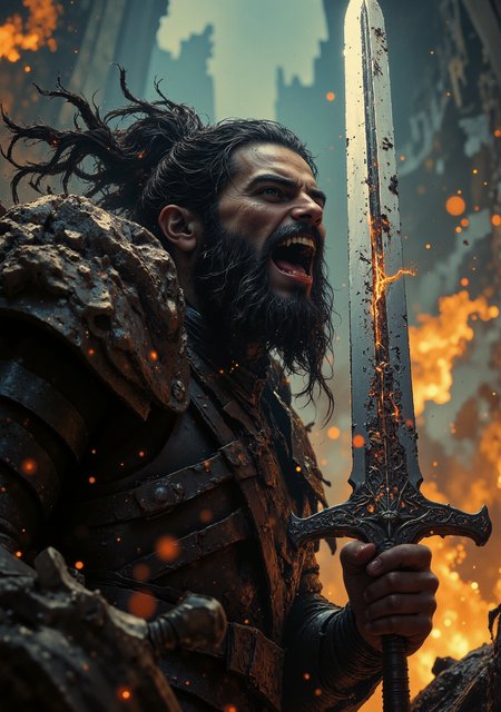 The illustration is a digital art depicting a fullbody profile of a powerful human warrior, seasoned by many years of battle, leading his sworn brothers into battle. The viewer looks at his profile from the side, watching as the warrior, turned sideways, raises his sword towards the enemy and screams with a terrifying roar. As he screams, his bare teeth, fangs and flying particles of saliva are visible. He has long black matted hair, several strands are braided into pigtails, a hairstyle hinting at Viking origins, as well as a black beard with gray hairs breaking through, emphasizing many years of experience. His armor is made of leather with small metal inserts, indicating that this warrior is agile and dangerous. A chain is wrapped around his arm, connected to the sword he holds, and the blade is strewn with many runes. His skin is strewn with scars, marks of the battles he has gone through over the years.

(((cinematic photo, volumetric lighting, cinematic lighting, aesthetic design, dramatic angle, dramatic framing, cinematic framing, posing at an angle, extremely sharp focus, unique artistic composition, hight reflection))), maximum image detail, maximum realistic rendering, strong reflection, glow, shining, intricate cinematic background, ((beautiful face, detailed eyes, natural emotions, anger, fullbody)), film, bokeh,, Astral Aura, {prompt}, astral, colorful aura, vibrant energy