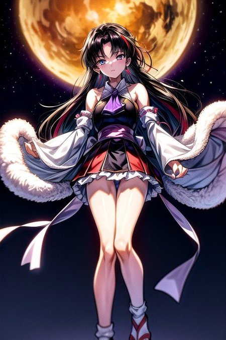 masterpiece,  best quality 1girl Setsun4 solo long hair,  (night time) forest background black hair very long hair purple eyes multicolored hair armor (fur trim) (medium body),<lora:EMS-179-EMS:0.800000>,<lora:EMS-293862-EMS:0.800000>ascot, bare shoulders, black footwear, detached sleeves, embellished costume, frills, japanese clothes, nontraditional miko, red skirt, sandals, sarashi, skirt, socks, white sleeves, white socks, wide sleeves, yellow ascot, zouri, armor, miko