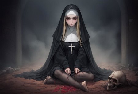 horror \(theme\),("Nevson Arts" text logo),shadows,foggy,abandoned church,dark blood,darkness,bones,anime style,anime,nun is sitting on knees,blonde,long hair,
