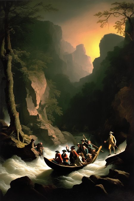 Joseph Wright Of Derby Style - recreate the painting of washington crossing the chasm in the same tone and style. change out the people in the boat to have them wear flannel shirts and carrying computers. Make those people to be from present day