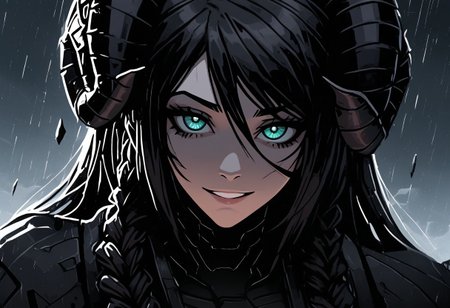 female, cel-shading, backlit, big eyes, cute eyes, delicate features, long hair, (braided hair), black hair, portrait, smug, seductive eyes,   techwear, cyborg, cybernoir, heavy rain, rainrops, (((dark))), sexy, sensual glare, teal eyes, black sclera,  big chest, solo, extreme closeup, h0rns, ram horns, broken glass, reflection, upper body,