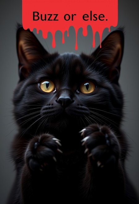 A close-up photo of a black cat showing its claws, red dripping text on top of the screen "Buzz or else", 4k, photorealism,photo,real, uhd