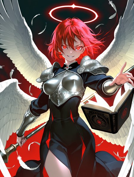 1girl, yoneyama mai, lack, fuzichoco, lam \(ramdayo\), kinta \(distortion\), nixeu, happoubi jin, solo, Angel, halo, feathered wings, hip wings, white wings, dress, eye trail, detailed eyes, dynamic pose, lance, evil smile, cowboy shot, three quater view, holding weapon, polearm, looking at viewer, large wings, shoulder armor, pauldrons, weapon, holding polearm, floating book, long sleeves, holding, grin, smile, feathers, wings, black dress, evil grin, angel, breasts apart, floating, open mouth, light trail, glowing eyes, red hair, book, medium breasts, breastplate, glowing, short hair, floating object, red eyes, armor, vambraces, multiple wings, breasts, floating hair, angel wing uniform, hair between eyes, armored dre, She holds a lance firmly in her hand, suggesting readiness for battle or action. Her wings are spread wide, adding to her majestic presence
,masterpiece,best quality,amazing quality,