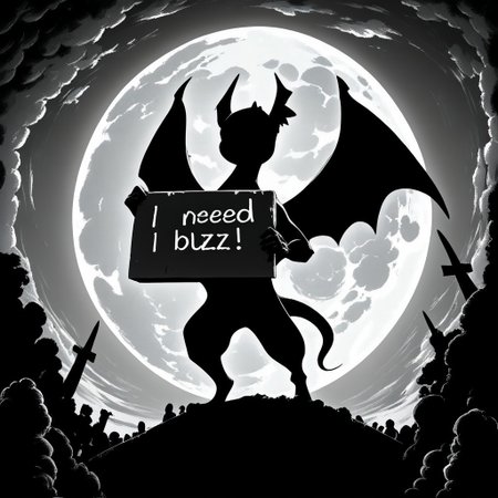 moon,solo, standing, monochrome, wings, sky, no humans, night, shadow, moon, full moon, silhouette,need_buzz, holding sign