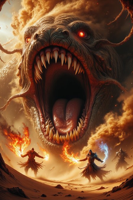 A colossal sandworm erupts from beneath the shifting sands of the scorching desert, its gaping circular maw wide open, filled with spiral layers of razor-sharp teeth that form a terrifying vortex of destruction. The glistening fangs, shaped like a whirlpool of death, dominate the creature's massive mouth, ready to consume anything in its path. Its rough, sandy skin is partially buried in the dunes, with the rest of its enormous body emerging from the earth in a powerful, violent surge.
In front of this monstrous sandworm, a group of magic-wielding adventurers stands their ground in a fierce battle. A sorcerer conjures fiery red arcane flames in their hands, casting glowing symbols in the air as the energy crackles around them. Nearby, a warrior in glowing armor holds a shimmering enchanted blade, charging at the sandworm with sand flying beneath their feet. The adventurers are surrounded by mystical shields and elemental powers, their determination evident as they face the towering beast.
The desert wind whips up clouds of dust, with the glowing rays of the fiery sun casting intense shadows across the golden dunes. Sand and embers fill the air, swirling around in the chaotic energy of the battle. The scale of the sandworm and the sheer danger of the confrontation are captured in the intense, action-packed moment.
The entire scene is rendered in ultra-realistic detail, with the sharp textures of the sandwormâs scales and teeth contrasting with the vivid colors of the adventurers' magic. The high contrast between the glowing spells and the harsh desert landscape creates a dramatic, dynamic composition. Every element, from the swirling dust to the intricate runes of the sorcerer's magic, is depicted in surreal, hyper-detailed fashion, creating a moment of epic fantasy and high-stakes action.
<lora:ImageUpgraderV2:0.5> detailmaximizer
<lora:Dever_Flux_Enhancer:0.5>
<lora:MidjourneyV6.1:0.6> midjourneyv6.1
<lora:midjourney_whisper_flux_lora_v01:0.6> Midjourney_Whisper,
<lora:Midjourney_imitation_FLUX:0.6> Midjourney style