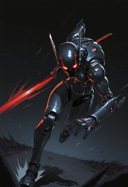 solo,
futuristic steaming_hot blade, red glowing katana, (dynamic pose:1.2), armored,
depth of field, motion blur, motion lines, energy lines, running towards viewer, attack, incoming attack,
dimly lit, dramatic lighting, volumetric lighting, dark,
wide short, imposing, dutch angle,, masterpiece, best_quality, amazing_quality, very_aesthetic, 8k, high_quality, highres, absurdres, subject_focus,, detailed eyes, perfect eyes, realistic eyes,, mechanical limbs, cyborg, cybernetic, futuristic, mechanical joints, robot,, 15546+456868, in the style of cksc, Sinozick_illu, <lora:114558v4df2fsdf5:0.25> <lora:ChronoKnight_Neurocore_Shadow_Circuit:0.25> <lora:Shiiro0_Sinozick:0.5>