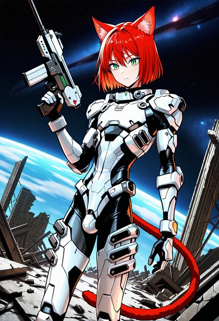 1boy, trap, flat chest, skinny, catboy, red tail, red cat ears, bob hair, red hair, green eyes, slit pupils,
standing, ruins, space, provoactive, dutch angle,
cowboy shot, 
<lora:AugmentedReactionSuitIL:1>,   augmentedreactionsuit, science fiction, white armor, white gauntlets, white knee pads, white chestplate, armor, holding gun,
masterpiece,best quality,amazing quality,     <lora:yusuke-murataIL-style:0.8>