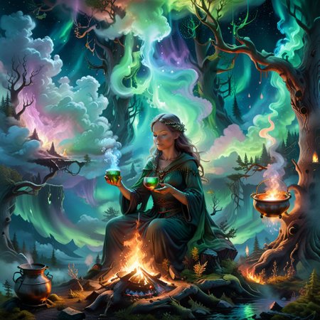 Fantasy concept art, woman brewing a potion over a fire set upon a cloud, ethereal nebula aura emanating from her figure, ingredients of imagination bubbling in a cauldron, auroras weaving through tall, ancient trees in the background, visual representation of mystical energies and connections, aurora borealis dancing vividly in the sky, digital painting, ultra realistic, dramatic lighting, breathtaking surreal masterpiece.