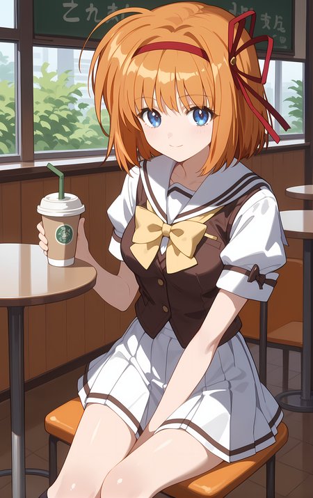 (score_9,score_8_up,score_7_up),light smile, shiny skin,ohwx, 1girl, solo, ribbon, red_ribbon, red_hairband, hair_ribbon, blue_eyes, orange_hair, short_hair, hairband, breasts,school_uniform, bow, yellow_bow, white_sailor_collar, serafuku, white_skirt, yellow_bowtie, vest, bowtie, kneehighs, socks, cafe,<lora:kaede_fuyou_pony_sobsynapse-000003:1>