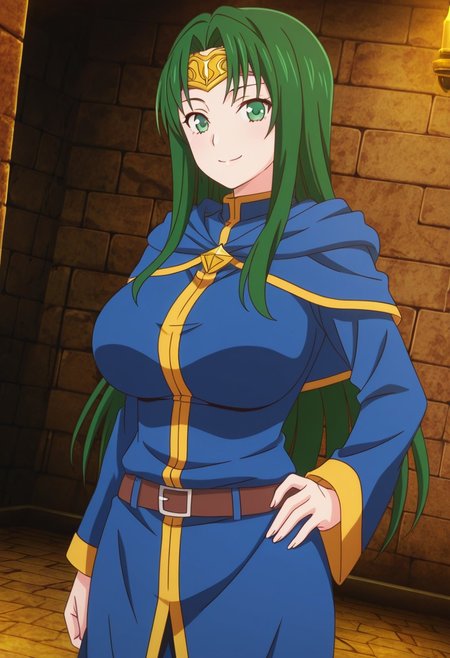 general,highres, ultra-detailed,very aesthetic,best quality ,best hands,best eyes,easynegative,
dynamic anglre, dutch angle, anime cloring,anime screencap,
1girl solo,looking at viewer,dungeon,indoors,smile,hand on hip,
Maris Amaryllis,green hair,long hair,green eyes,huge breasts,forehead protector,wizard costume,