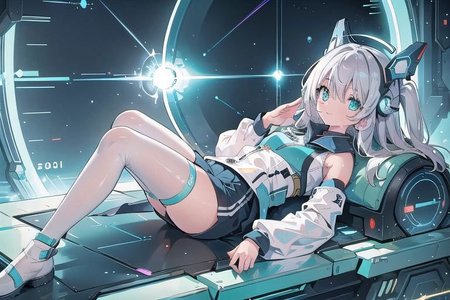 (masterpiece), (science fiction:1.4), 1girl, lying on the back on a mirror, lying on the back on a mirror, lying on the back on a mirror, smile, silver hair, aqua eyes, headgear, long sleeves, detached sleeves, glowing energy clothing, light particles, energy particles, perfect hands, perfect legs