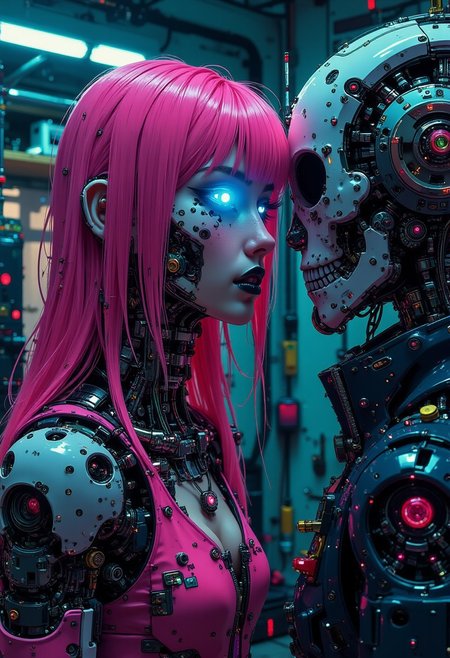 A digital artwork in the style of cknc, cyberpunk, futuristic, cyberkinetic enhancements, girl, scifi. A half-body shot of a beautiful cyborg girl in her futuristic workshop. She has neon pink hair cascading down her shoulders, contrasting sharply with her black lipstick. The top of her face, from under the nose to the forehead, is removed like a mask, revealing a detailed mechanical skull underneath. Her exposed robotic eye glows a brilliant blue, illuminating the intricate cybernetic components beneath the skull. The workshop is cluttered with futuristic tools, wires, and neon-lit gadgets, all bathed in vibrant cyberpunk hue, electric pinks, deep blues, and fluorescent greens. The neon light reflects off her sleek metallic parts, casting dynamic shadows, while the scene radiates a blend of gritty industrial and high-tech futurism. She confronts a special agent that's holding a gun on her, he wears cyber glasses and a suit