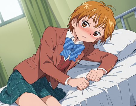 score_9, score_8_up, score_7_up, source_anime, <lora:nagisa-misumi-anime-ponyxl-lora-nochekaiser:1>, nagisa misumi, short hair, brown hair, brown eyes,, skirt, bow, school uniform, jacket, bowtie, blue bow, blazer, brown jacket, plaid, plaid skirt, green skirt, red blazer,, indoors, bed, bed room, on side, blush, drunk, looking at viewer, solo,, cowboy shot, dutch angle