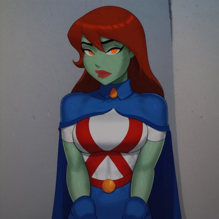 safe_pos, score_9, score_8_up, score_7_up, 1girl, solo, lipstick, red hair, long hair, orange eyes, colored skin, green skin, breast, blue cape, blue skirt, gloves, superhero, MissMartianSU, looking at viewer, indoors