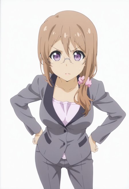 anime screencap, anime coloring,  <lora:DX888Yui:1> saitou yui, purple eyes, brown hair, long hair, hair over shoulder BREAK teacher, glasses, hair scrunchie, suit, grey pants, BREAK simple background, white background,  plaid background, BREAK  1girl, angry, from above, hand on own hip, looking at viewer,  solo, standing,