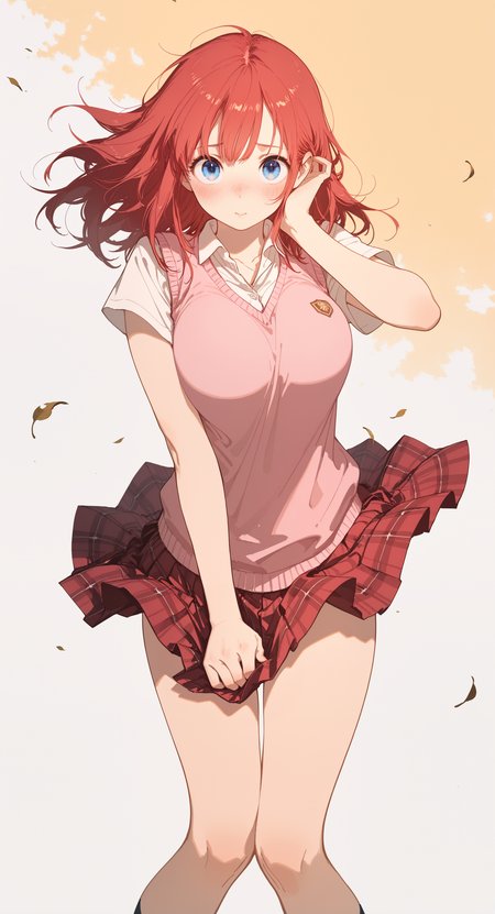 masterpiece,best quality,amazing quality, 1girl, solo, long hair, large breasts, red hair, blue eyes, red pleated skirt, plaid skirt, skirt lift, white shirt, school uniform, short sleeves, collared shirt, clothes lift, pink sweater vest, skirt tug, looking at viewer, blush, embarrassed, hair tucking, Head down,
simple background, wind, wind lift,Blowing leaves,
abstract background, rella <lora:illustriousXL_stabilizer_v1.23:0.3> <lora:NOOB_vp1_detailer_by_volnovik_v1:0.3> <lora:ponyv6_noobE11_2_adamW-000017:0.3> <lora:Artist_style_Rella_-_Illustrious-XL_r1:0.3> <lora:veluflora-wai:0.6>