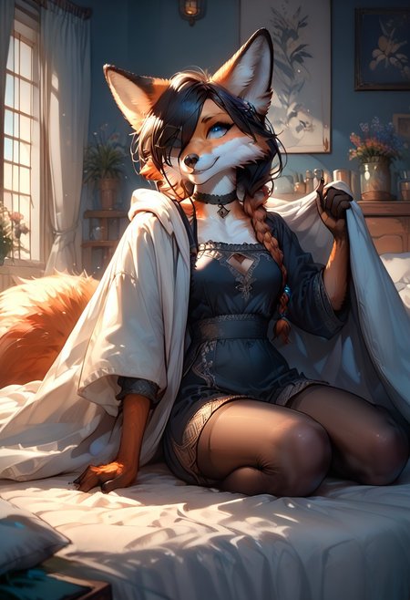 score_9, score_8_up, score_7_up,braided black hair, anthro fox female,foxfolk,solo,perfecteyes,blue eyes, one eye covered by hair, medium breasts ,black choker, black cutout lingery,bedinvite,under covers, tights,lying on bed,perfect quality, high quality,  at night ,cosy bed room athmosphere,