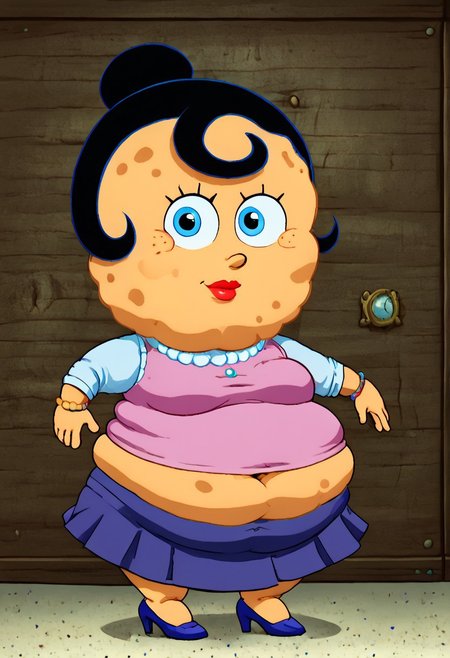sp0nge_m0m,
1girl,
blue eyes,
solo,
black hair,
high heels,
jewelry,
shirt, Skirt, 
(portrait, head tilt, looking at viewer), (fat:1.5), exposed navel