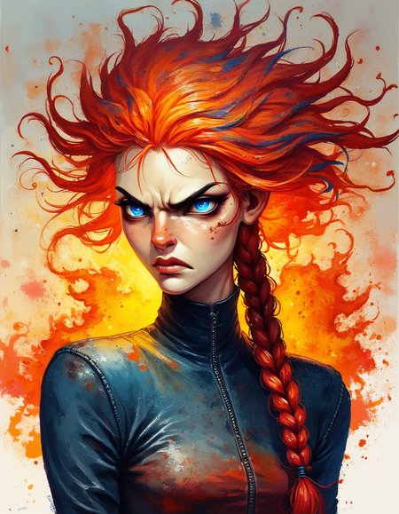score_9, score_8_up, score_7_up, score_6_up, watercolor, A determined close-up of a woman with fiery red hair tied into a tight braid, her strong jawline and intense blue eyes locked in a fierce stare, her lips set in a resolute line, ready to face any challenge., highly detailed, backlight <lora:ponys-dream:.9>