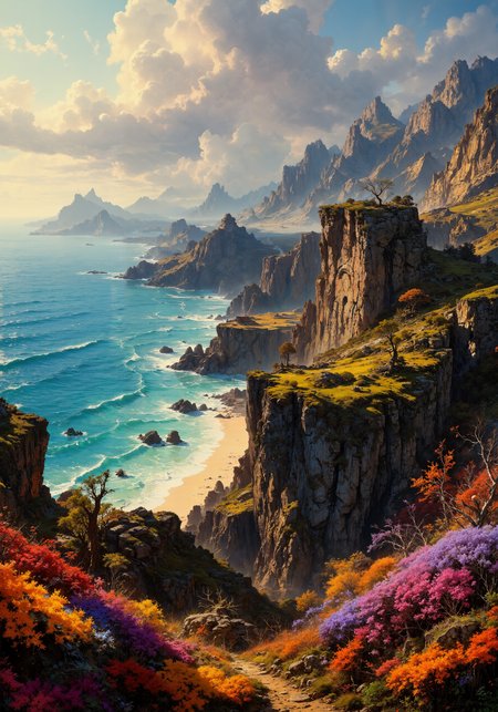 Expansive coastal shores, rugged mountain ranges, arid desert plateaus and lush forest valleys; sweeping aerial perspectives blending with intimate close-up textures of dew-kissed wildflowers, weathered stone and mossy bark; dramatic low-angle compositions of ancient cliffs under vibrant, multicolored sky; dynamic tracking views over rippling ocean edges and tranquil valley vistas; intricate details, soft ambient lighting, natural gradients, radiant hues of twilight blue, fiery amber and emerald green; atmospheric masterpiece quality, 8K resolution, hyper-detailed textures, spatial harmony, vibrant natural palette, serene environmental ambiance, majestic splendor, timeless natural artistry. <lora:Mezzotint_Artstyle_for_Flux_-_by_Ethanar:0.1> <lora:artilands:0.6> <lora:Dark_Gothic_Comic_style_v.2:0.8> <lora:VividMidjourneymimic-Flux_v1.0:0.7> <lora:flux_dev:1>