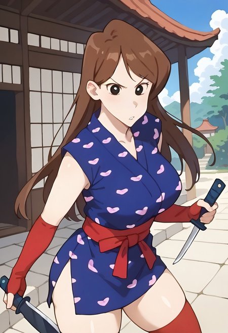 (1girl:1.5), (solo:1.3), (score_9, score_8_up, score_7_up, score_6_up, score_5_up, score_4_up), (source_anime), rating_questionable, looking at viewer, (cowboy shot:1.3), angry, fighting stance, legs apart, 
<lora:agent-ogin_v1:0.9> (agent-ogin), (slightly chubby, black eyes, brown hair, long hair), (blue kimono, short dress, japanese clothes, side slit, sleeveless, red obi, red fingerless gloves, elbow gloves, red socks, tabi), (large breasts), holding knife,
outdoor, japanese town, thick thighs, voluptuous,
