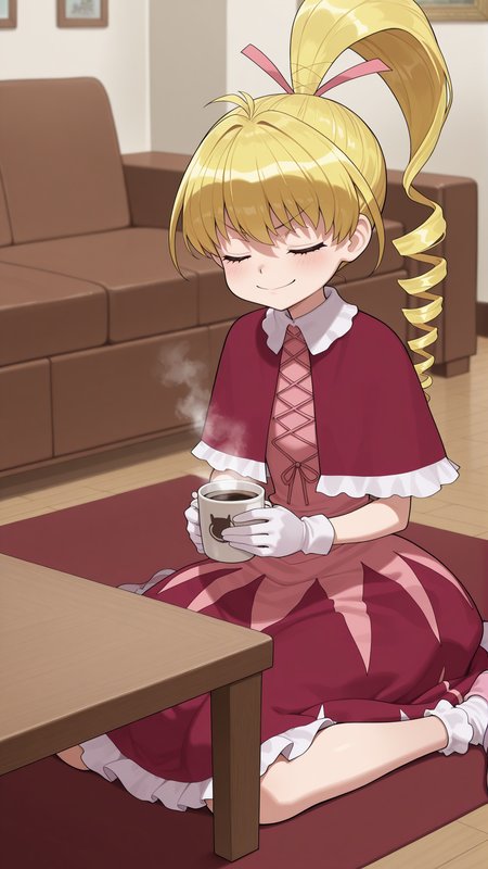 masterpiece, best quality, amazing quality, 1girl, solo,  <lora:IlluBiscuit:1> illubiscuit, blonde hair, long hair, ponytail, drill hair, closed eyes, white gloves, hair ribbon, capelet, dress, bobby socks, wariza, indoors, smile, annoyed, holding cup, steam, coffee table,
