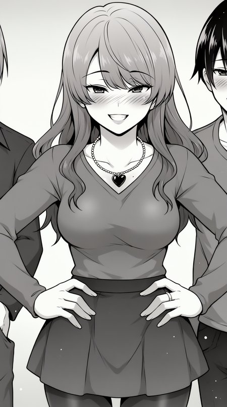 score_9, score_8_up, score_7_up, best background, detailed background, 4k, upscale, anime_source, monochrome, gresycale,  Aina, looking at viewer, smile, open mouth, skirt, long sleeves, holding, heart, pantyhose, solo focus, heart necklace, hands on hips, grin, blush, horny,  <lora:JN_Aina_Pony:0.8>