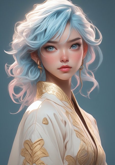Anime-style digital illustration, source_anime, 1girl, solo, (ethnicity:1.2), with vibrant light blue hair (detailed hair:1.2), braided, and adorned with white accents, (detailed clothing:1.2),  a light cream-colored, traditional-style robe (accessories:1.1), holding a small light blue dragon (detailed features:1.2) close, (facial features:1.3), (expression:1.2) happy and engaging, (body type:1.1), (pose:1.2), centered in the image, facing the viewer, gentle pose, soft lighting, subtle blush, and detailed skin texture (detailed skin texture:1.2),  high detail, dynamic lighting, detailed dragon features, (accessories:1.1), gold bell-shaped earrings, light beige background, digital illustration, soft focus, style reminiscent of digital art, detailed rendering, 8k resolution, photorealistic style.