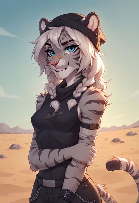score_9, score_8_up, (anthro tiger), Gray tiger, female, Gray Fur black stripes ((body fur)), blue eyes, Lean statue, small breast, two thick braids in front, lean body, shoulder long open hair on back, white hair, wearing band aid on nose, Red gauze rolled bandage around tail, band aid on neck, wearing Trash armor, torn clothing, torn dirty beanie on head, hair showing under beanie, wearing welder goggles, Scars on arms and neck, fierce look on face, Fang, whiskers, solo, combat posture, cowboy shot, destroyed small town with with wind swiped sand, flat color, 8k resolution, digital painting, frame filling,